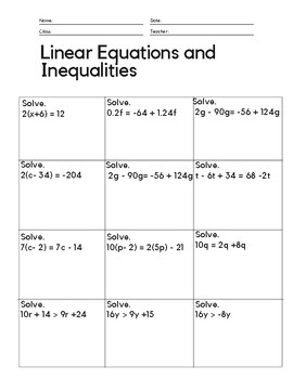 Preview of Linear Equations w/ Special Cases, and Linear Inequality Practice
