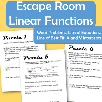 Preview of Linear Function Escape Room-7 Puzzles: linear functions and more