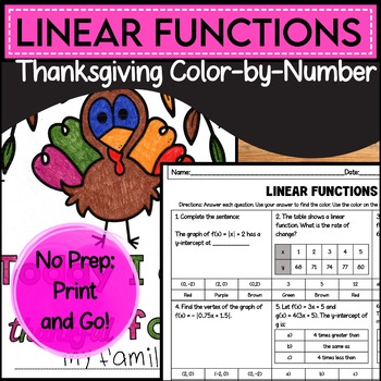 Preview of Linear Functions | Algebra 1 | Thanksgiving | Color By Number | Activity