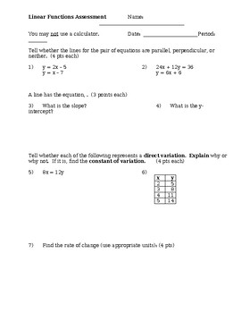 Preview of Linear Functions Assessment