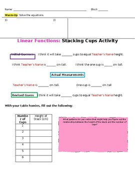 Preview of Linear Functions Stacking Cup Activity