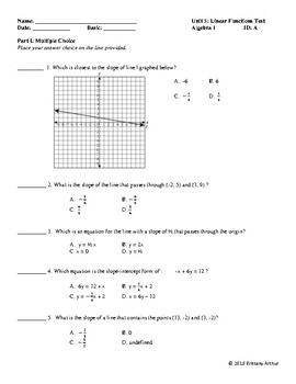 Linear Functions Unit Test by 304 Algebra | Teachers Pay Teachers