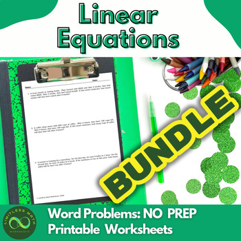 Preview of Linear Equations Word Problems Bundle - NO PREP Printable Worksheets