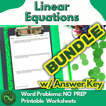 Preview of Linear Equations Word Problems Bundle - NO PREP Worksheets w/ Answer Key