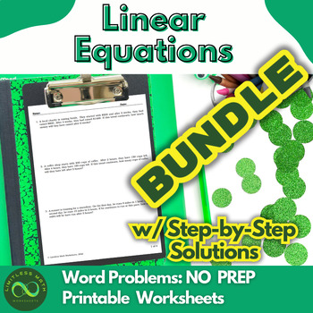 Preview of Linear Equations Word Problems Bundle - NO PREP w/ Step-by-Step Solutions