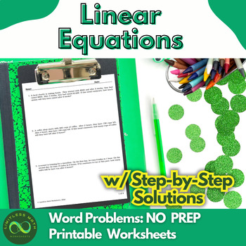 Preview of Linear Equations Word Problems Part 1 - NO PREP w/ Step-by-Step Solutions
