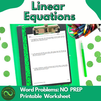 Preview of Linear Equations Word Problems Part 2 - NO PREP Printable Worksheet