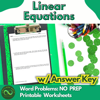 Preview of Linear Equations Word Problems Part 2 - NO PREP Worksheet w/ Answer Key