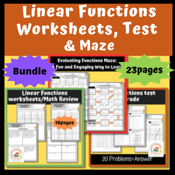Preview of Linear Functions Worksheets, Test with Answers, and Evaluating Functions Maze