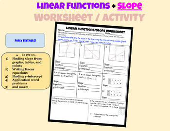 Preview of Linear Functions - Writing Equations and Finding Slope + y-intercepts WORKSHEET