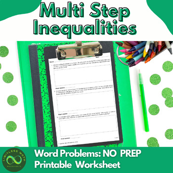 Preview of Multi Step Inequalities Word Problems Part 1 - NO PREP Printable Worksheet