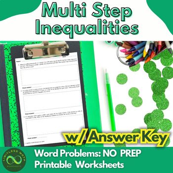 Preview of Multi Step Inequalities Word Problems Part 1 - NO PREP Worksheet w/ Answer Key