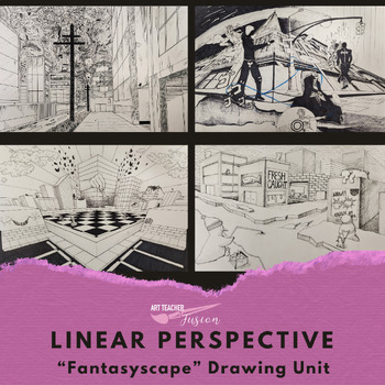 Preview of Linear Perspective "Fantasyscape" Drawing Unit- Middle School & High School Art