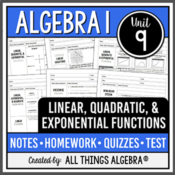 Preview of Linear, Quadratic, Exponential Functions (Algebra 1 Unit 9) All Things Algebra®