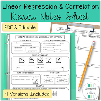 Preview of Linear Regression Correlation Review Notes Sheet Algebra 1 Test Prep