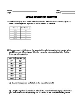 Linear Regression Practice by camfan54 | Teachers Pay Teachers