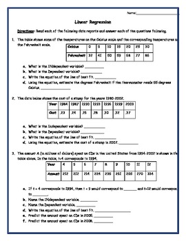 Linear Regression Worksheet by Mitchell's Math Madhouse | TpT