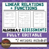 Linear Relations and Functions Tests - Algebra 2 Editable 