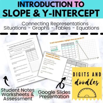 Preview of Linear Relationships: Slope & Y-Intercept Intro - Presentation, Notes & Assess