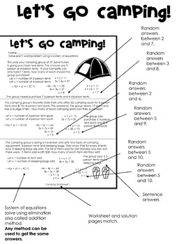 Preview of Linear System of Equations: Let's Go Camping! Worksheets+Solutions Set 2 Bundle