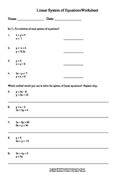 Preview of Linear System of Equations Worksheet