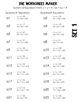 Preview of Linear System of Equations - Worksheet Maker - x+y;ax+by - Set 1 - 60 Questions