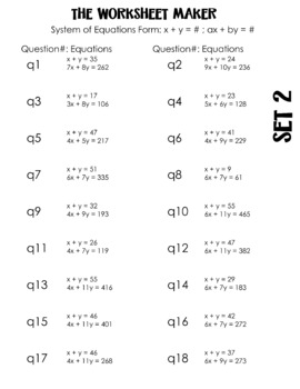 Preview of Linear System of Equations - Worksheet Maker - x+y;ax+by - Set 2 - 60 Questions