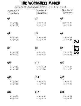 Preview of Linear System of Equations - Worksheet Maker - x+y; x-y - Set 2 - 60 Questions
