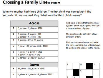Linear Systems Crossword Puzzle and Funny Riddle by CalfordMath TPT