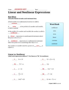 Linear and Nonlinear Expressions Worksheet by Taylor J's Math Materials