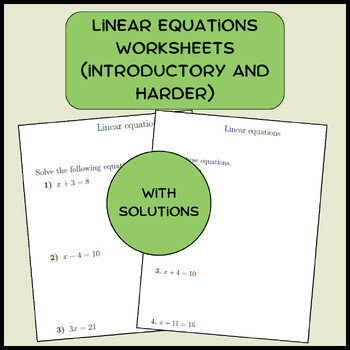 Preview of Linear equations worksheets (introductory and harder) with solutions