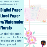 Lined Paper with Watercolor Florals, Notebook Paper, Digit