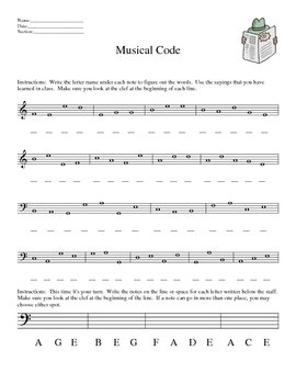 Preview of Lines and Spaces Worksheets--Musical Code