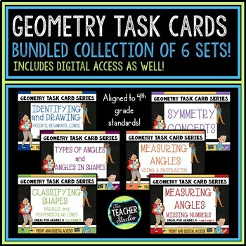 Preview of Lines, Angles, Symmetry - 4th Grade Geometry Task Card Bundle - Print & Digital