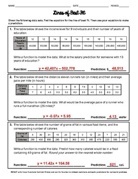 Preview of Lines of Best Fit and Making Predictions Worksheet