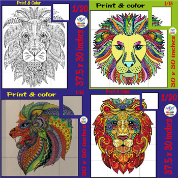 Preview of Lion Head Zentangle Mandala Collaborative Coloring Posters Bundle Crafts