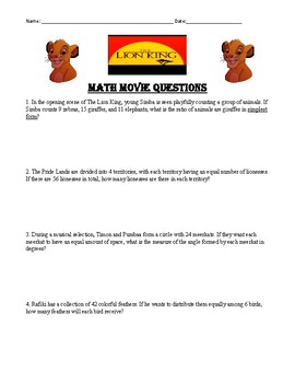 Preview of Lion King Math Movie Questions