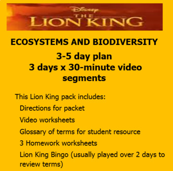 Preview of Lion King VIDEO Ecology Lesson 3-5 days - Great before a holiday & as a sub plan