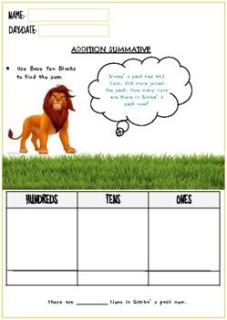 Preview of Lion King themed Grade 2 Addition Worksheet/Assessment