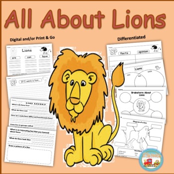 Preview of All About Lions, Writing Prompts, Graphic Organizers, Diagrams, K, 1st, 2nd