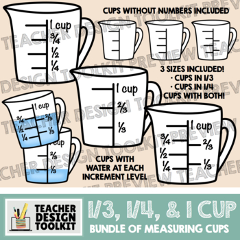 Measuring Cups Clip Art: 1/3 and 1/4 Increments (Thick Lines) | TpT