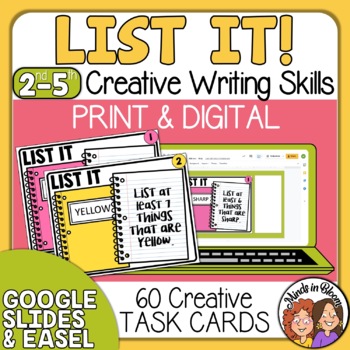 Preview of Creative Thinking & Writing Task Cards | Print & Digital | Fun Game Included!!