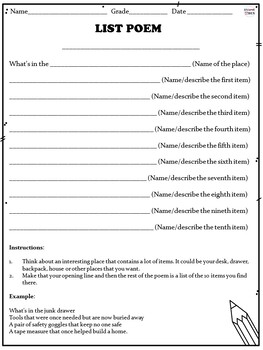 Preview of List Poem Template - Poetry Writing Activity and Worksheet