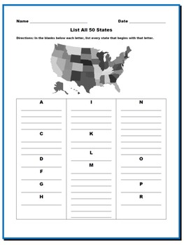 List The 50 United States (1 Worksheet w/ Answer Key) by ...
