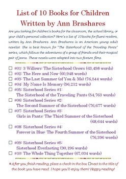 Preview of List of 10 Books for Children written by Ann Brashares w/Word Count