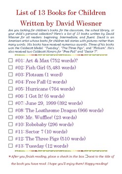 Preview of List of 13 Books for Children written by David Wiesner w/Word Count