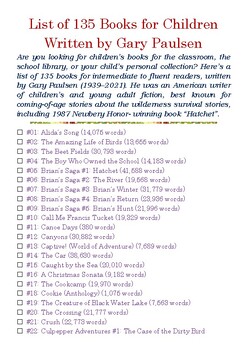 Preview of List of 135 Books for Children written by Gary Paulsen w/Word Count