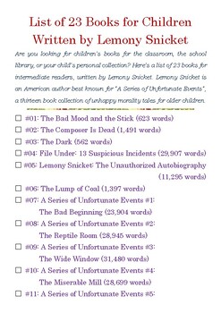 Preview of List of 23 Books for Children written by Lemony Snicket w/Word Count