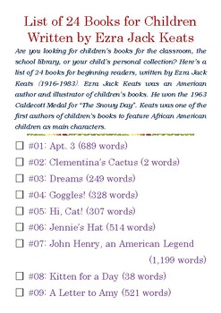 Preview of List of 24 Books for Children Written by Ezra Jack Keats w/Word Count