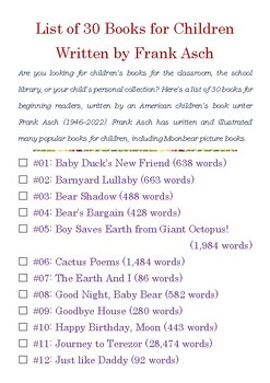 Preview of List of 30 Books for Children written by Frank Asch w/Word Count